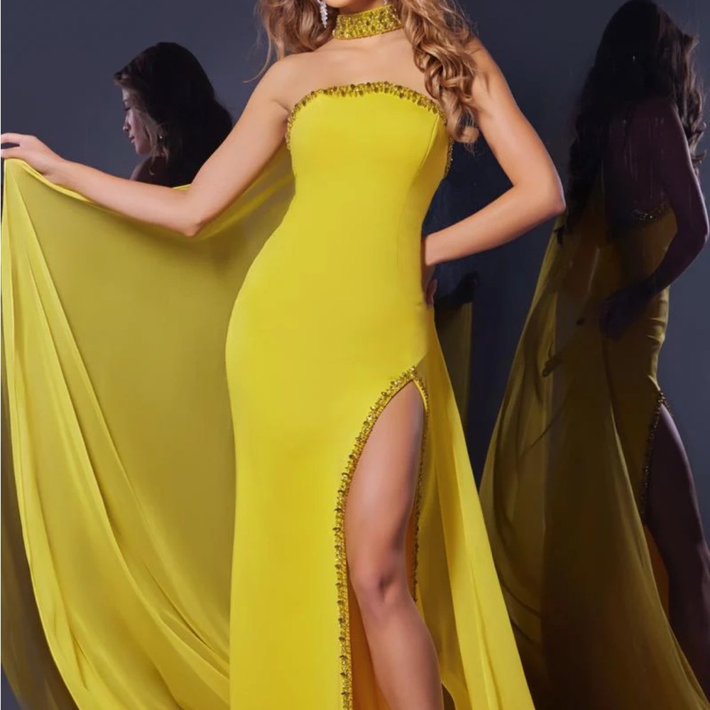 Jovani Strapless Yellow High-Slit Evening Gown
